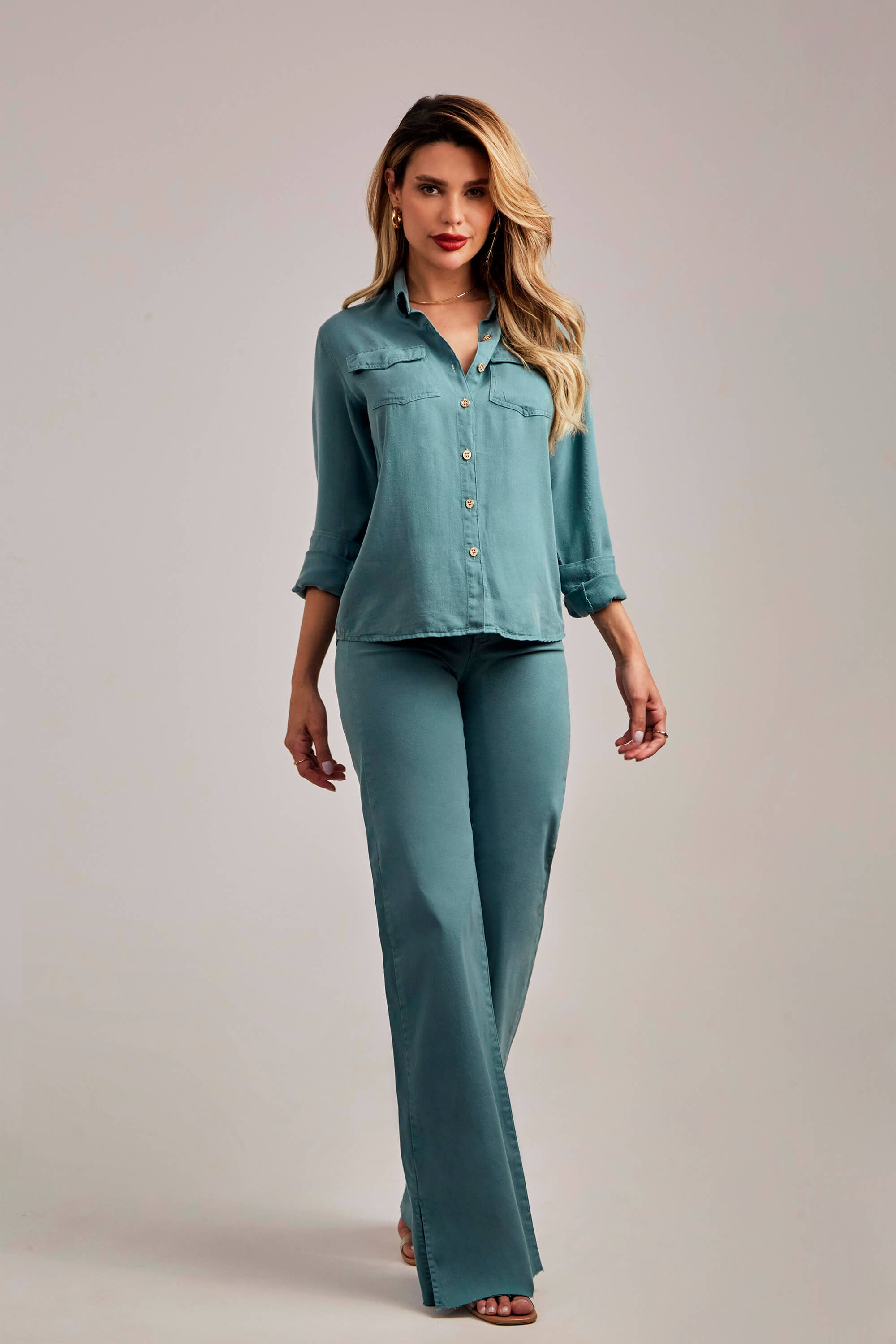 Calça Jeans Modeladora Wide Leg com Fenda Azul Capri - Modab