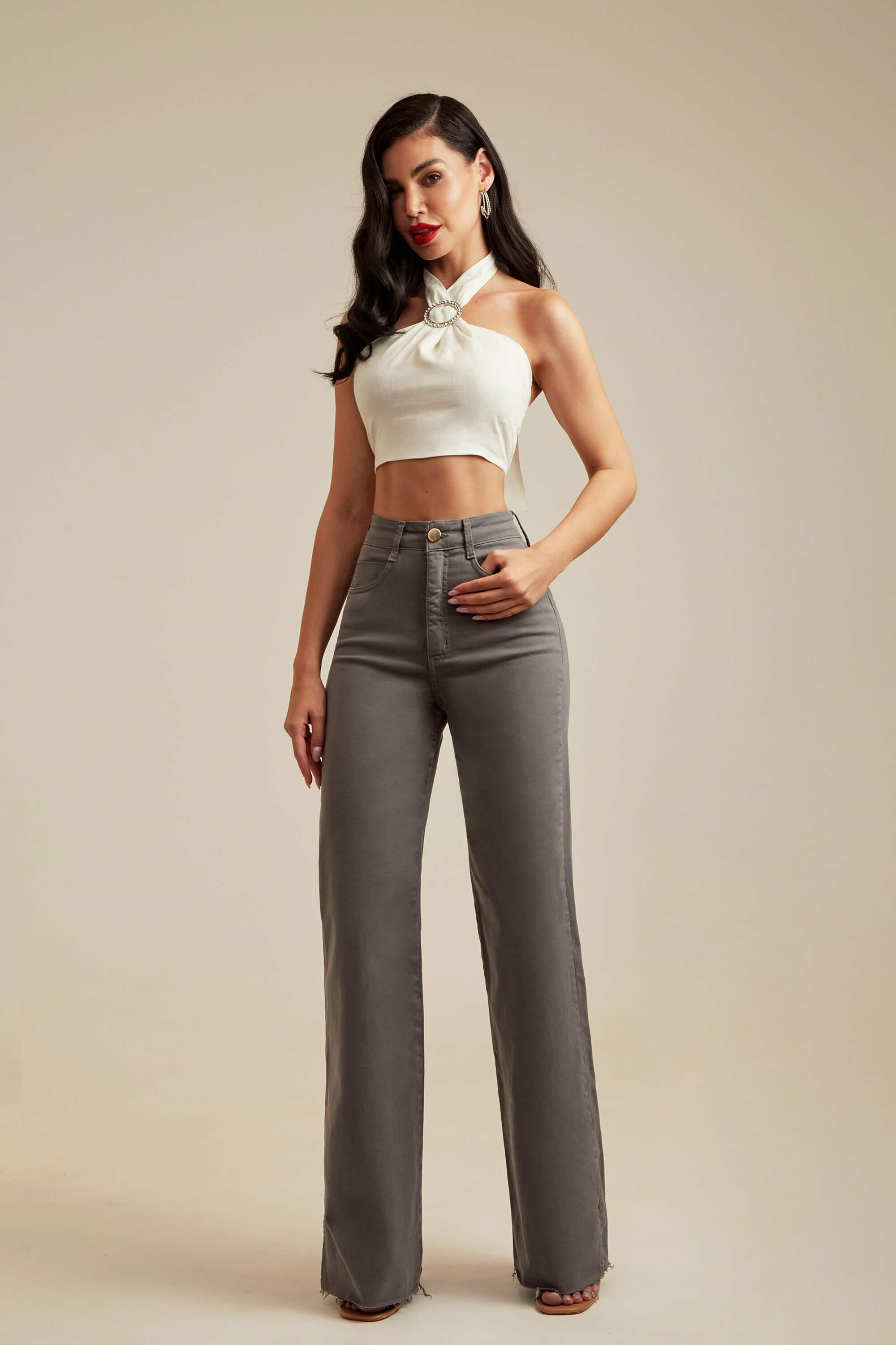 Calça Jeans Modeladora Wide Leg com Fenda Rosê - Modab